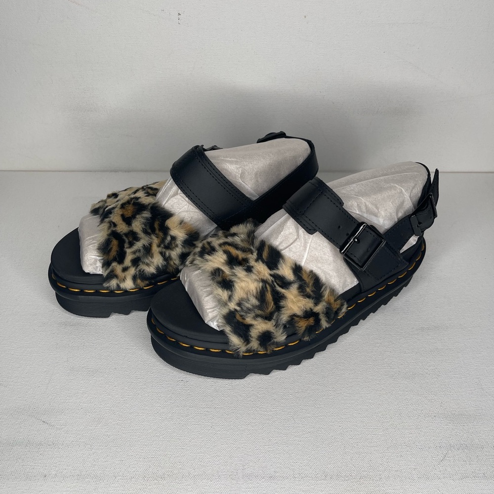 Dr. Martens Voss II Fluffy Leopard Print Sandals - Picture 3 of 11